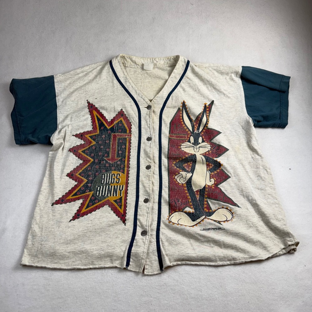 Vintage 1994 Sun Sportswear Bugs‎ Bunny Baseball Jersey Grey Teal Mens XL